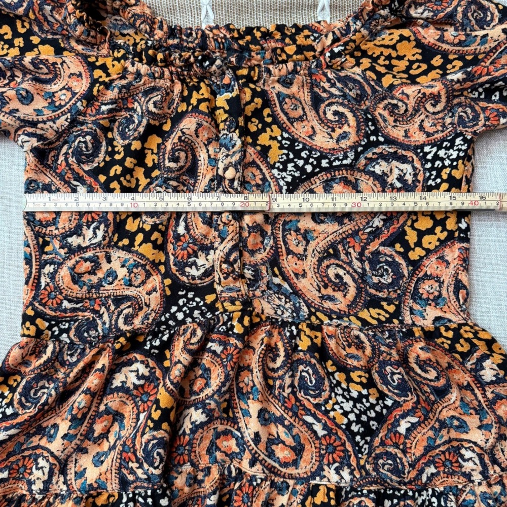 Angie Womens Paisley Bell Sleeve Tiered Mini Dress Orange Black Boho Small - Picture 4 of 6